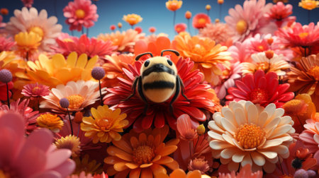 A vibrant bee lands on a delicate orange chrysanthemum petal, embodying the untamed beauty of nature and the art of floristryの素材