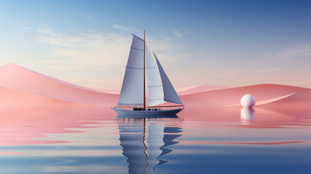 A majestic sailboat glides through waters, its billowing sails catching fiery sunset, as it carries its passengers on journey of freedom and adventure amidst breathtaking backdrop of mountainsの素材
