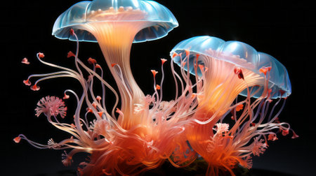A mesmerizing underwater dance of vibrant pink and orange tentacles, as a group of bioluminescent jellyfish illuminate the aquarium with their graceful movementsの素材