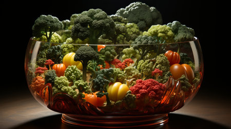 An indoor oasis of superfood produce, overflowing with vibrant vegetables and succulent fruits, adorns a table in a mesmerizing display of freshness and nourishmentの素材