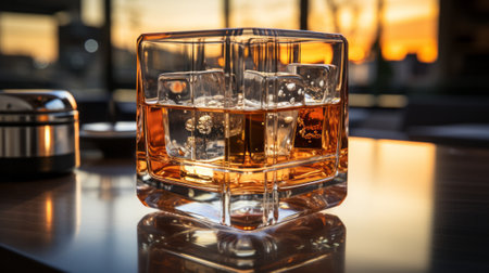 The wooden table was adorned with barware, a glass filled with amber liquid and ice cubes sat atop it as the person sitting nearby savored their drinkの素材