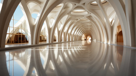 A mesmerizing arcade of architectural perfection, with symmetrical arches reflecting the artful play of light on the water-like floor and ceiling of this indoor oasisの素材