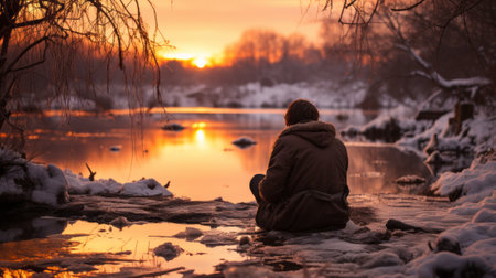 A lone figure embraces the beauty of a wintry landscape, gazing at the fiery sky as the serene waters reflect the fading light of the setting sunの素材