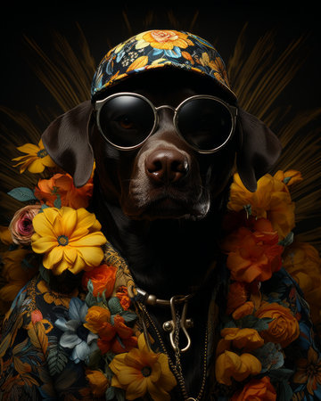 A daring canine fashionista donning a vibrant yellow hat and trendy sunglasses, adorned with a delicate flower, exudes an effortless coolness as it struts through the streets with a playful swaggerの素材
