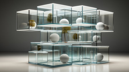 Captivatingly curated shelves house stunning glass vases, each a miniature indoor oasis, adorned with verdant trees and showcasing the perfect blend of design and artの素材