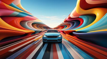 Vibrant strokes of color dance upon the canvas of the sky as a blue car races through a kaleidoscopic tunnel of abstract artの素材