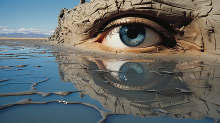 An ethereal gaze reflects the boundless sky and shimmering waters, capturing the untamed beauty of nature in a single human eyeの素材
