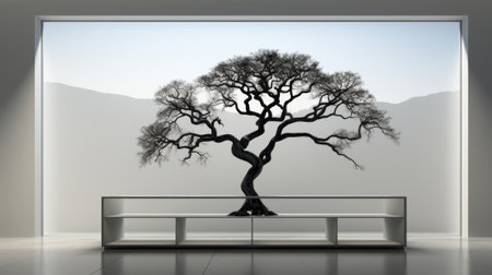A tree stands tall against a painted sky, its roots anchored to indoor landscape while lone bench leans against the wall, symbol of stillness and contemplation amidst chaos of modern furnitureの素材