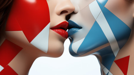 Two women boldly painted in red and white, their lips a fierce carmine, ride through a cartoon world with fearless abandonの素材