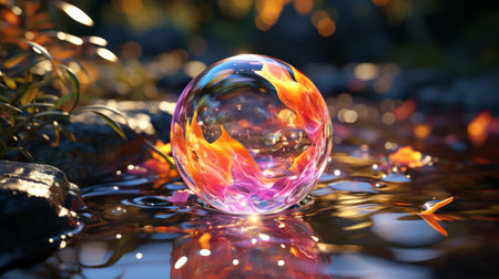 Nature's kaleidoscope captured in a crystal orb, dancing on the surface of tranquil watersの素材