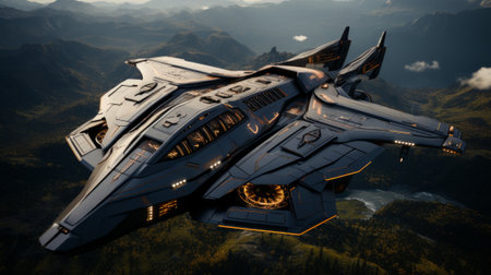 A sleek jet soars through the endless sky, its wings slicing through the fluffy clouds as it passes over a rugged mountain range, the ultimate fusion of man and machine conquering the wild outdoorsの素材