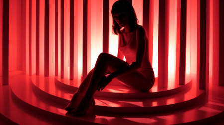 A fiery woman, adorned in vibrant red clothing and elegant footwear, gracefully descends a circular staircase, her dance a captivating work of art in the indoor lightの素材