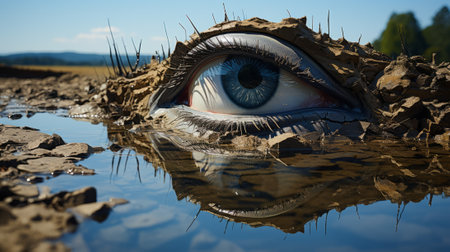A lone human eye gazes back from the murky depths of a muddy lake, its reflection distorted by the rippling water and framed by the vast expanse of the open sky aboveの素材