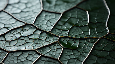 A mesmerizing glimpse into the intricate and delicate beauty of nature, as a vibrant leaf stands strong against a background of deep green, revealing a small but powerful crack in its surfaceの素材