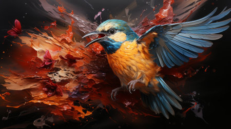 An animated masterpiece capturing the graceful flight of a colorful bird, its feathers painted with vibrant strokes of art, soaring through the sky in a whimsical cartoon worldの素材