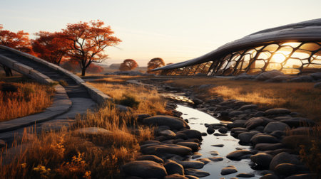 A winding river cuts through a serene park, surrounded by vibrant trees and lush plants, under a golden autumn sky as the sun sets in a wild and fluid display of nature's beautyの素材
