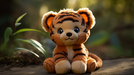 A beloved teddy bear, plush and cartoon-like, perches serenely on a rugged brown rock amidst the untamed outdoors, embodying the essence of childhood wonder and imaginationの素材