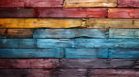 A vibrant display of abstract hues adorns a wooden wall, evoking a sense of whimsy and creativity in its unique constructionの素材