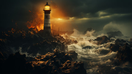 As the storm rages on, the lighthouse stands tall, its light piercing through the dark sky, a beacon of hope for ships lost at sea amidst the rocky shoreの素材