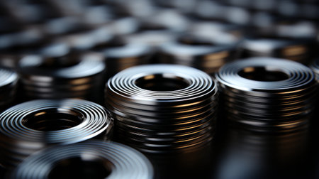 A shimmering cluster of metallic rings, intricately linked together like a harmonious symphony of steel and nuts, fastening together to create a breathtaking masterpiece of metalwareの素材