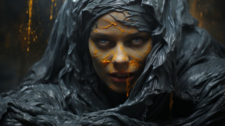 A haunting portrait of a veiled woman, drenched in vibrant orange hues, evoking a sense of terror and mysteryの素材