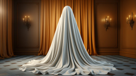 A delicate ivory gown, flowing like a curtain, rests upon the floor in a sea of white fabric, evoking feelings of elegance and romance in an intimate indoor settingの素材