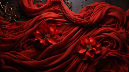 An indoor masterpiece of fiery passion, blooming with vibrant red roses on a canvas of delicate fabric, evoking a sense of artistic wonder and natural beautyの素材