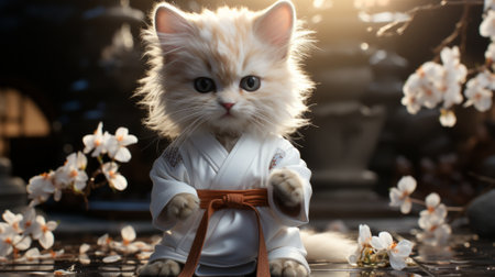 A playful white kitten dons a karate uniform, its flower-adorned fur reminiscent of its wild felidae ancestors, as it practices its fierce indoor moves with a toy in handの素材