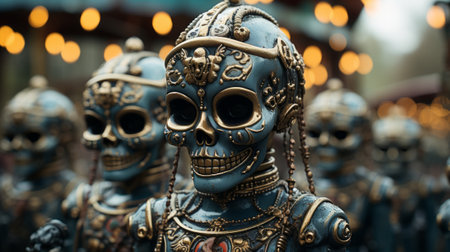 A hauntingly beautiful display of nature's duality as a vibrant mask of blue and gold skulls adorns the wild outdoor landscapeの素材