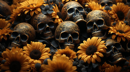 A vibrant and untamed outdoor scene of intertwined skulls and flowers, evoking themes of life and death, beauty and decayの素材