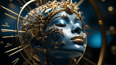 A metallic masterpiece, this golden-masked mannequin exudes a haunting allure, its blue visage a mesmerizing mix of fashion and artの素材