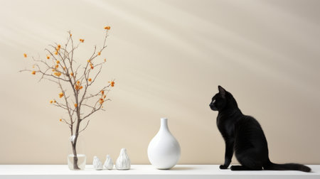 In a monochromatic indoor scene, a sleek black cat lounges atop a shelf adorned with a delicate vase and a potted tree, exuding an air of regal tranquilityの素材
