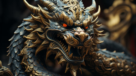 A majestic bronze dragon statue, its fierce mask staring into the horizon, evokes a sense of awe and wonder, embodying power and ancient magicの素材