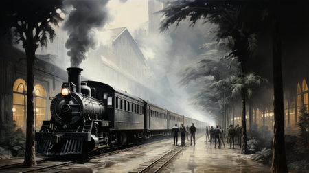 A roaring locomotive barrels down the tracks, leaving a trail of steam and smoke in its wake, as onlookers stand amidst the surrounding treesの素材