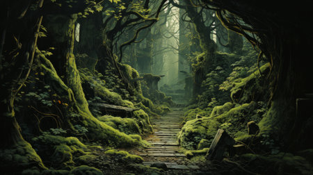 A mystical journey through the lush forest, guided by the towering trees and hidden caves, surrounded by the raw beauty of nature's landscapeの素材