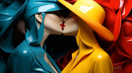 Two whimsical women, adorned with cartoonish hats, share a playful and tender kiss while surrounded by a world of colorful toysの素材