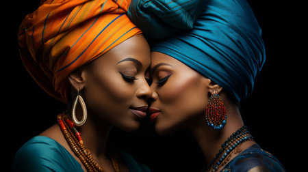 Gracefully adorned in vibrant head wraps and striking jewelry, two women exude elegance and pride in their cultural heritage as they pose for a captivating portraitの素材