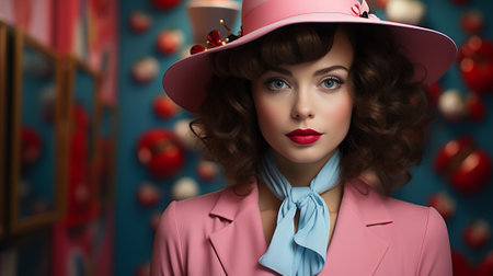 A young woman exudes confidence and style as she rocks a bold red hat, adding a pop of color to her chic indoor ensembleの素材
