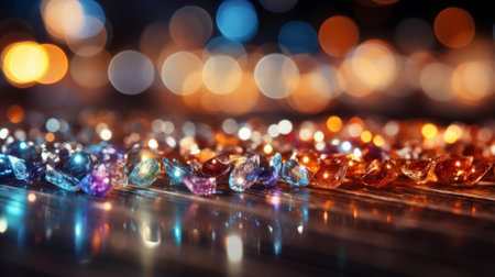 Vibrant hues dance under the warm indoor light, scattered across the rustic wood surface like a wild and untamed canvasの素材