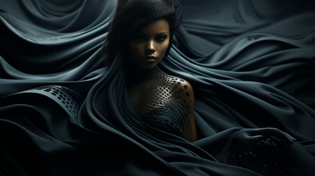 A striking woman, cloaked in a veil of darkness, captivates with her fashion-forward ensemble captured in a mesmerizing imageの素材