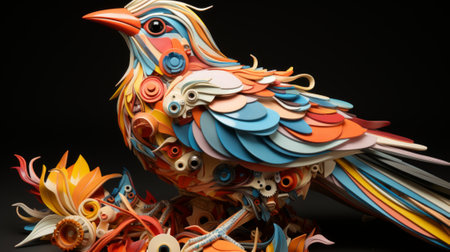 A vibrant feathered creature emerges from a mosaic of hues, its whimsical cartoon form exuding a playful energy through its vibrant beak and artfully arranged piecesの素材