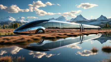 As the silver train rolled across the grassy field, its reflection shimmered in the tranquil lake, surrounded by majestic mountains and a vibrant blue sky dotted with fluffy cloudsの素材