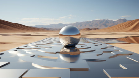 A lone silver orb rests on the parched desert floor, surrounded by towering mountains and a vast expanse of sky, a stark contrast to the barren landscape belowの素材