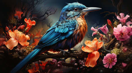 A majestic bird perched on a vibrant branch, its colorful feathers blending with the delicate flowers below, evoking a sense of organic beauty in a wild and untamed reef paintingの素材