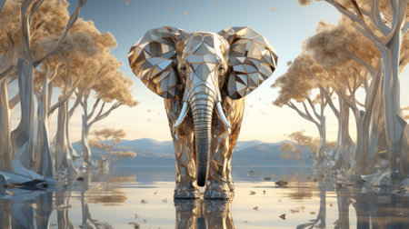 In the crisp winter air, a majestic elephant stands tall in the shimmering lake, its reflection mirroring the expansive sky above as it gazes upon the surrounding trees with a wild and untamed graceの素材