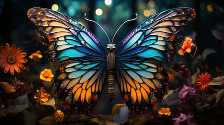 Amidst a sea of vibrant flowers, a fluttering invertebrate with multicolored wings dances freely in the wild, embodying the essence of nature's beauty and graceの素材