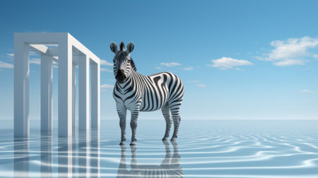 Amidst the tranquil water and endless sky, a majestic zebra stands tall, its striped coat a symbol of untamed beauty in the great outdoorsの素材