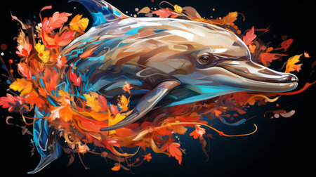 Amidst a vibrant underwater paradise, a majestic dolphin adorned with a crown of lush leaves and blooming flowers swims gracefully, embodying the beauty of nature and the artistry of the seaの素材