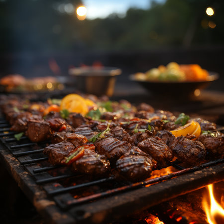 A mouthwatering array of global flavors sizzle on the fiery grill, as succulent pork, tender kebabs, and smoky skewers entice with their aroma of yakiniku, brochette, and satay, evの素材