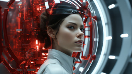 As she stands before the mirror, the woman's futuristic dress flows around her, a perfect fusion of technology and fashion, reflecting the ever-evolving nature of her identityの素材